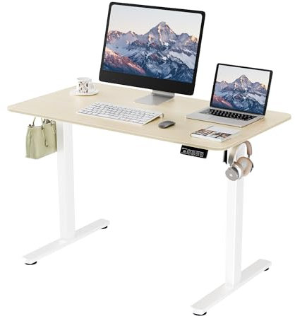 ERGOMAKER Elektrischer Höhenverstellbarer Schreibtisch 110x60cm (43.3x23.6), Höhenverstellbarer Tisch mit Spleißplatte (Weißes Gestell + Eiche Tischplatte)