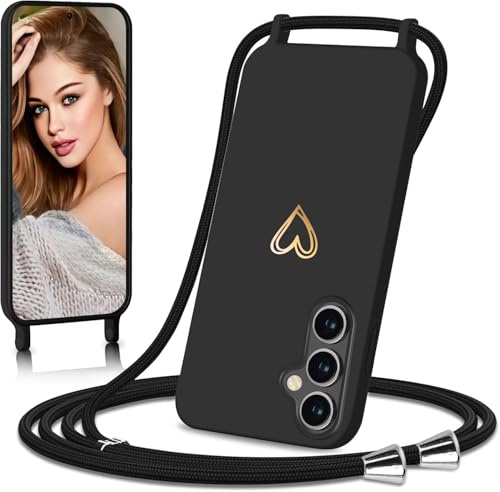 Eherui handyband für Samsung Galaxy A35 5G Hülle mit Band,Design Gold Herz,Dünn Stoßfeste SchutzHülle,mit Abnehmbar Kordel zum Umhängen Liquid Silikon Case Handyhülle für Samsung A35,Schwarz