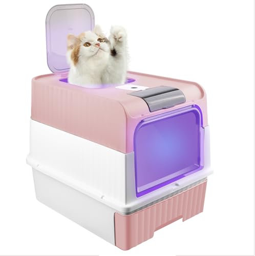 Inodoro para gatos autolimpiante, autolimpiable, para gatos y conejos, caja de arena de acero inoxidable con 1 bolsa desodorante (48 x 35 x 36 cm, color rosa)