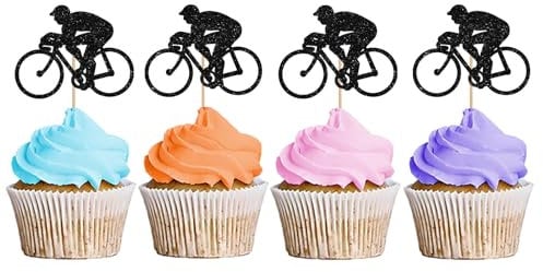 24PCS Bicycle Cupcake Toppers, BMX Bicycle Cupcake Toppers, Bicycle Cupcake Picks for Sport Party, Cycling Sports/Boy Birthday Themed Party Decoration - Black Glitter