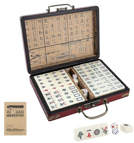 MEETOZ Mini Chinese Mahjong Set, 144PCS Mahjong Tile Set, 2PCS Dice & Leather Carrying Case Box, Complete Mahjong Game Sets for Travel Party Family Game