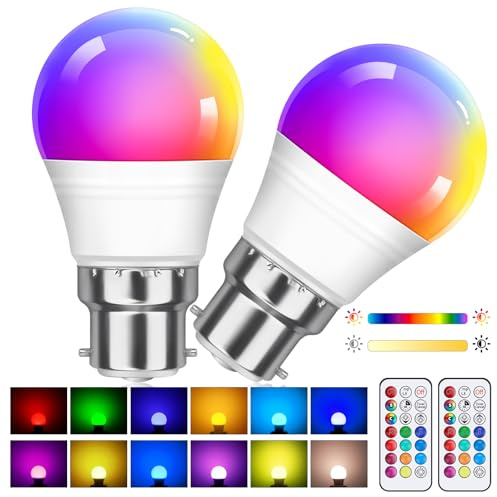 2 Pack 5W（Replacement 40W）G45 Dimmable Multi Color LED Lamp with Remote Control B22 Bayonet Base Color Changing Bulb, RGB+Warm White Low Energy Bulb, Suitable for Daily Lighting and Mood Lighting