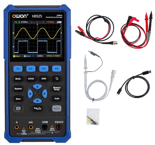 OWON HDS25 2 in 1 Oscilloscopio digitale multifunzione portatile, larghezza di banda 25 MHz Oscilloscopio digitale portatile a 2 canali, multimetro a 20000 conteggi USB tipo C display LCD da 3,5