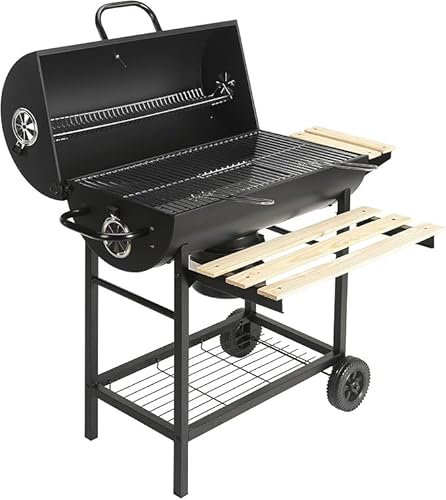 Large Charcoal BBQ Grill Smoker Barbecue Barrel Trolley Portable Big Garden Outdoor Patio Cooking With Integrated Temperature Gauge, Wheels, Wooden Shelves