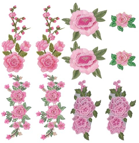 HOBBIESAY 10Pcs Pink Rose Embroidered Patches Floral Sew on Patches Embroidery Flower Appliques Repair Patch for DIY Clothing Shirts Jeans Hats Blouses Pants Skirts