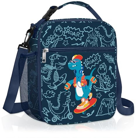 Clastyle Bolsa Termica Porta Alimentos Bebe Monstruos Bolsa Almuerzo Infantil Niños Portátil Bolsa Comida para Viaje Picnic Guarderia,Dinosaurio Monopatín