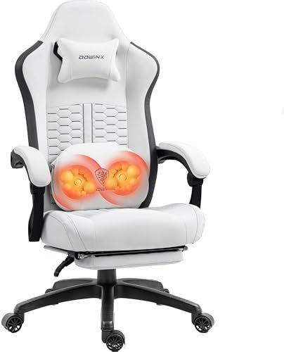 Dowinx Gaming Chair with Heated Massage Lumbar Support, Ergonomic Gaming Computer Chair with Pocket Spring Cushion and Footrest, Recliner High Back PC Chair for Adult, 150kg,White