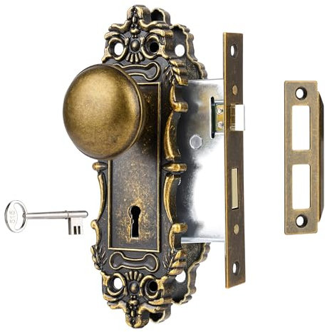 ToPToToo Mortise Lock Set for Interior Door, Antique Brass Door Knob with Lock and Skeleton Key, Antique Old Style Door Knob Lock Replacement, Vintage Mortise Door Knobs for Interior Doors