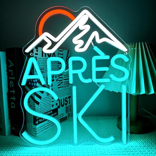 Artlast Apres Ski-Neonschild, Berg und Sonne, blaues und orangefarbenes LED-Licht, USB-betrieben, dimmbar, Wanddekoration, 27 x 34 cm, Ski-Hütten-Dekoration, Wintersport-Geschenk für Skifahrer