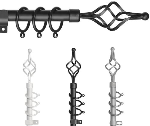 TWIST Curtain Poles for Window, Metal Extendable Curtain Poles Heavy Duty Curtain Rod Includes Finials, Rings, Brackets & Fittings Set (Black, 120cm to 210cm)
