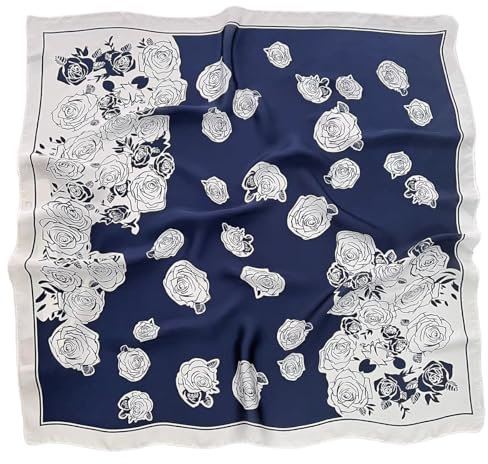 GIMIRO Foulard en Soie Polyester, 70 x 70 cm, Motifs Géométriques et Floraux, Style Élégant, Bandana pour Femmes (Navy White Rose FJ932-1)