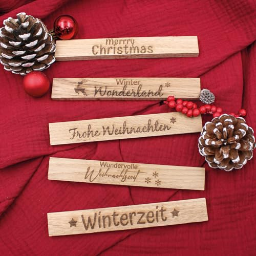 VmG-Store 5 Stück Holzleisten Eiche je 22x8x160mm mit Sprüchen lose Bastelklötzchen mit Text zum Basteln Klötzchen mit Gravur Bastelstäbe zum Heimwerken (06 Weihnachten)