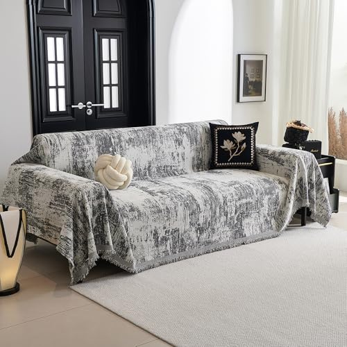MYSKY HOME Couch Überzug L Form Kratzschutz Sofa Katze Sofa Cover 3 Seater | Dunkelgrau,1 Stück,230x340cm,Chenille Sofa Überzug mit Deko Quasten,Jacquard Geometrische Weicher Überwurfdecken Sofa Cover