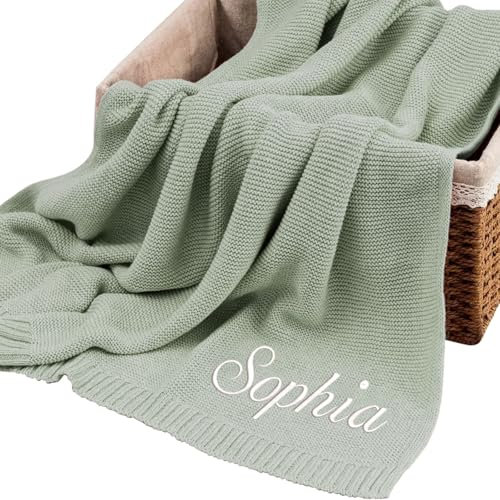FENGHUO Personalisierte Babydecke Bestickte Babydecke mit Namen, personalisierte Babydecke, Geschenk für Babys – Erbsengrün