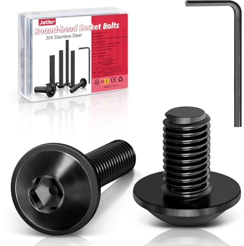 JatilEr 10 viti a testa bombata M8 × 16, testa semicircolare con flangia, viti in acciaio inox 304, colore nero, A2 V2A, filettatura completa con chiave a brugola