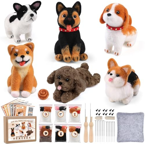 Doxiru 6-teiliges Hund tiere filzen Nadelfilz-Starterset mit Anleitung | Filzset mit Nadelfilzwerkzeugen, Anleitung, Nadelfilzunterlage und Fingerlingen, zum Herstellen von Hund-Motiven Tiere filzen