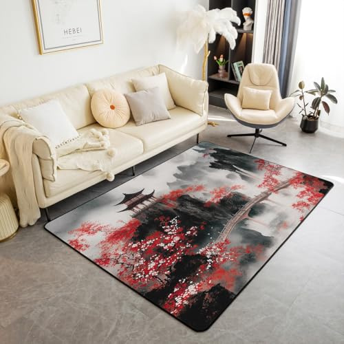 Homemissing Kinder Japanisch Teppich 100x150cm Rauchberg Wohnzimmerteppich Jungen Mädchen Tinte Malerei Outdoor Teppich Rot Schwarz Teens Zimmer Dekor Küchenteppich