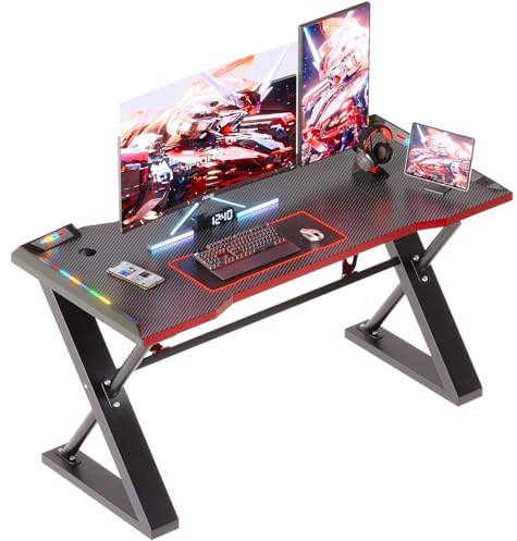 Xyphren 120 * 55 cm Gaming Desk with LED Lights, Gaming Table Thickened Z Shaped, Gamer Desk with Carbon Fiber Coated, Gaming PC Desk, Computer Desk Easy to Assemble, Carbon Fiber Black