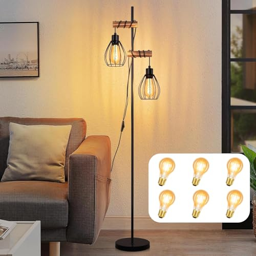 ZMH Stehlampe Wohnzimmer Holz Vintage Stehleuchte Schwarz | Standleuchte Metall Industrial Standlampe 2 flammig Retro Bettlampe mit 6 × 4W E27 2700K Leuchtmittel für Schlafzimmer