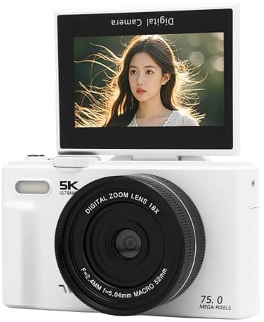 Tosuny Caméra Numérique 5K, Caméra Vlogging WiFi 75MP UHD avec écran de Feuillette de 3 180°, Zoom 18x, Autofocus, Anti-Shake, Lumière de Remplissage LED, Fonction de Webcam (White)