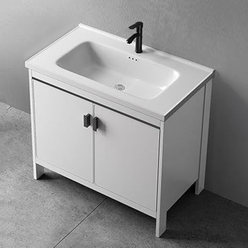 TYMYW Waschbeckenunterschrank mit Waschbecken Keramik und Wasserhahn Waschtisch Stehend mit Füßen und Puffertür,Weiß,80 cm