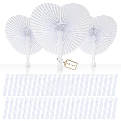 EFUTURETIME 48 Stück Handfächer Herzform Hochzeit Weiß Faltbar Papier | Als Hochzeitsdeko und Foto-Requisit, DIY-Taschenfächer für Sommerhochzeit, Gartenparty und Gastgeschenk