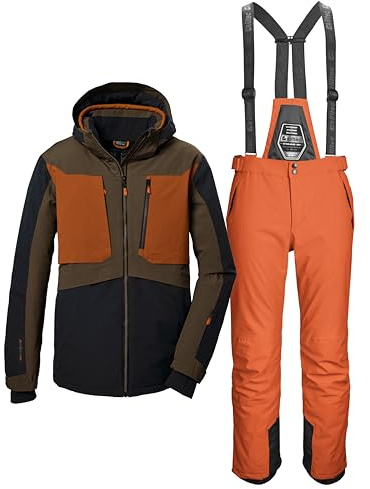 Killtec Herren Skianzug - mit 10.000 mm Wassersäule, PFC frei - Skijacke Schwarz Khaki - Skihose Orange
