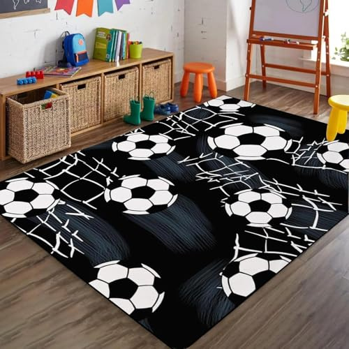 Bycmuoz 3D Schwarz Fußball Teppiche für Kinder, 60x110cm, Schwarz Sport Fußball Heim Dekor Matte, Verblassen Widerstandsfähig Saugfähig Badezimmer Matte, Waschbar Teppiche für Wohnen Zimmer