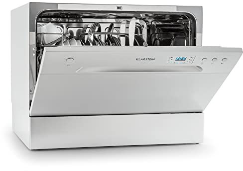Klarstein Mini-Geschirrspüler für 6 Gedecke, Leiser mit 6 Spülprogrammen, Kleiner Tisch für Zuhause, Büro und Camping mit Wasseranschluss, Freistehend, Glas, Silber