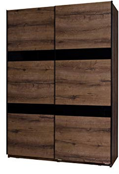 Schwebetürenschrank Reton SZ150 R12 Selbstschließsystems Garderobeschrank Kleiderschrank Schlafzimmerschrank (Monastery Eiche / Monastery Eiche + Schwarz Hochglanz, ohne Beleuchtung / ohne Spiegel)