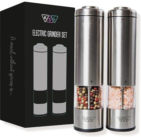 KSL Electric Salt and Pepper Grinder Set - Mother's Day Gift - Adjustable Motorized Electrical Powered Auto Shakers Holiday kit - Automatic Power Mill - Automated Battery Operated Electronic Crusher