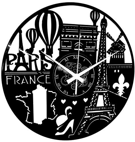 Instant Karma Clocks Wanduhr Frankreich Stadt Paris Reisen Eiffelturm, Vinyl 33 Umdrehungen, Schwarz