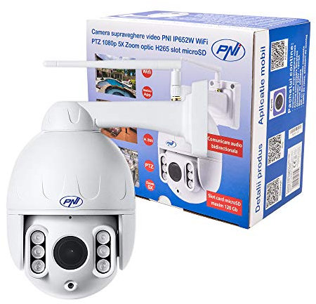 Video surveillance cameraPNI IP652W WiFi PTZ 1080p 2MP 5X Optical zoom H265 microSD slot Night Vision 50m IP66 Motion detection alarm Bidirectional audio communication