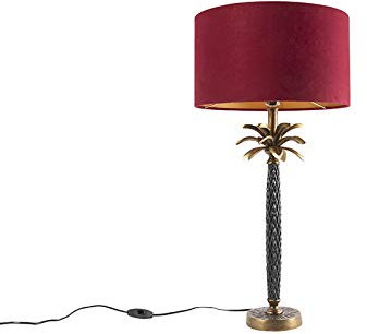 Qazqa - Art Deco Art Deco Tischlampe Bronze mit samtrotem Schirm 35 cm - Areka I Wohnzimmer I Schlafzimmer - Aluminium Zylinder I Länglich I Organisch - LED geeignet E27