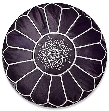 Poufs&Pillows Marokkanischer Echtleder Pouf - Handgefertigt - Gefüllt Geliefert - Ottoman, Sitzsack, Fußhocker, Puff (dunkelviolett)