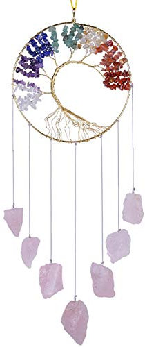 Nupuyai Handgefertigte Rohsteine Windspiel Lebensbaum Edelsteine Garten Dekoration, 7 Chakren Heilkristalle Hängendes Ornament Zimmer Deko Rosenquarz Stein