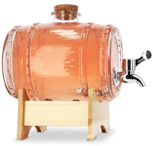 KADAX Tonneau en Verre doté d'un Robinet et Soutenu par un Support en Bois, Idéal pour la Conservation et la Distribution Élégante de Boissons (1.5L)