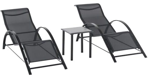 Outsunny Set de 2 Tumbonas Jardín Exterior con Mesa Auxiliar Vidrio Negro | Mesa de Vidrio Templado, Respaldo, Reposabrazos, para Patio Piscina Terraza Exterior
