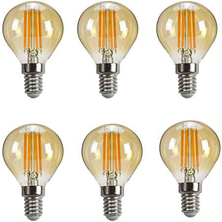 E14 4W G45 LED Globe Filament Bulb Dimmable Edison Filament Light Bulbs 40 Watt Equivalent Warm White 2700K E14 European Base 600 Lumen Amber Glass Round Vintage Light Bulb, 6 Pack