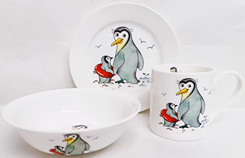 Rainbow Decors Penguins Go Swimming Breakfast Set 4 Pieces Plate Mug Cereal Bowl & Egg Cup Fine Bone China Kids Children Hand Decorated UK Multicolour