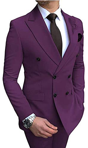 2 PZ Regular Fit Vestito Degli Uomini Doppio Petto Tacca Risvolto Sposo Smoking Giacca Pantaloni Business Suit Abito Da Sposa, Viola, 60 IT