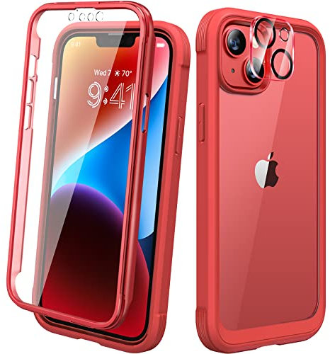 Diaclara Designed for iPhone 14 Plus Case, Full Body Rugged Case with Built-in Touch Sensitive Anti-Scratch Screen Protector, with Camera Lens Protector for iPhone 14 Plus 6.7 (Red)