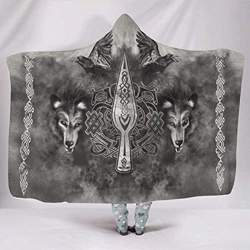 YEOL Wikinger Odins Decke mit Kapuze Weich Wohndecke Schlafdecke Sofadecke Plüschdecke Pelzdecke Wearable Nordisch Mythologie Sherpa Blanket (Odin Rabe Zwei Wolf, Erwachsener 150x200cm)