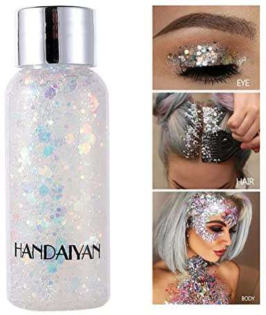 Punifengsi Paillettes pour le corps, maquillage longue durée pour le corps, le visage, les cheveux, paillettes longue durée, pas besoin de colle et facile à enlever. (Blanc)