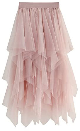 KUKEYIEE Jupe Femme Tulle Tutu Irrégulier sous-Jupe superposée Jupe Ballet Prom Party Robe plissée A-Line Jupe Midi Rose Taille Unique