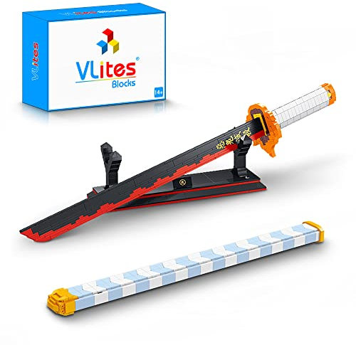 VLites Animes Schwert Katana Bausteine Modell Bausatz, 790 Teile 68.8cm MOC Rengoku Kyoujurou Sword Klemmbausteine mit Scheide und Halterung(1503)