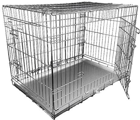 HugglePets Silver Metal Dog Puppy Cage Foldable Small 61cm Dual Door with Locks, Car Home and Travel Crate