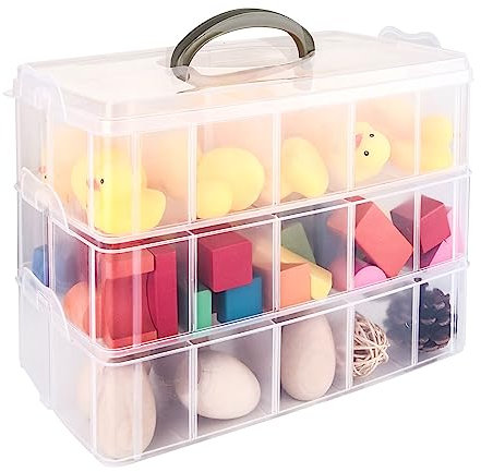 YAYODS 3-Tier Plastic Transparent Organizer Craft Stackable Storage Box with 30 Sections Compartments with Handle, for Art Crafts Jewelry, Toys, and Sewing Accessories