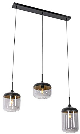 Qazqa - Design Design-Hängelampe I Pendellampe I Pendelleuchte schwarz mit Gold I Messing und Rauchglas 3-flammig - Kyan I Wohnzimmer I Schlafzimmer - Länglich - LED geeignet E27