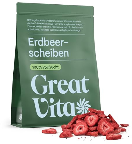GreatVita Getrocknete Erdbeeren 250g - gefriergetrocknete Erdbeerscheiben | Premium Qualität - ohne Zuckerzusatz | 100% Vollfrucht Erdbeerchips Snack
